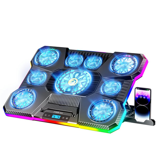 Base Refrigerante para Portátil ChillCore, 9 Ventiladores para Portátiles de 15.6-19.3 Pulgadas, Almohadilla de Enfriamiento para Portátiles de Juego con 8 Soportes de Altura Ajustable, 2 Puertos USB