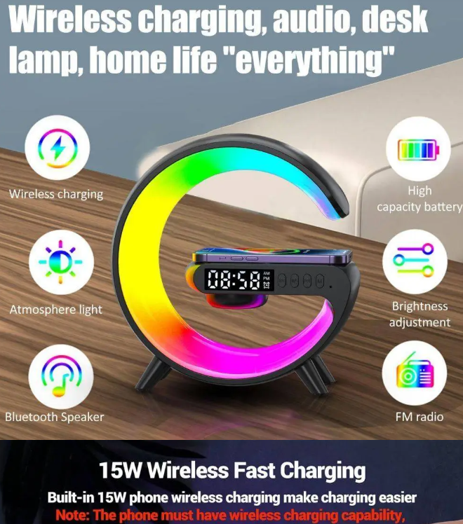 Lámpara Smart G con Altavoz Bluetooth, Cargador Inalámbrico y Reloj Despertador