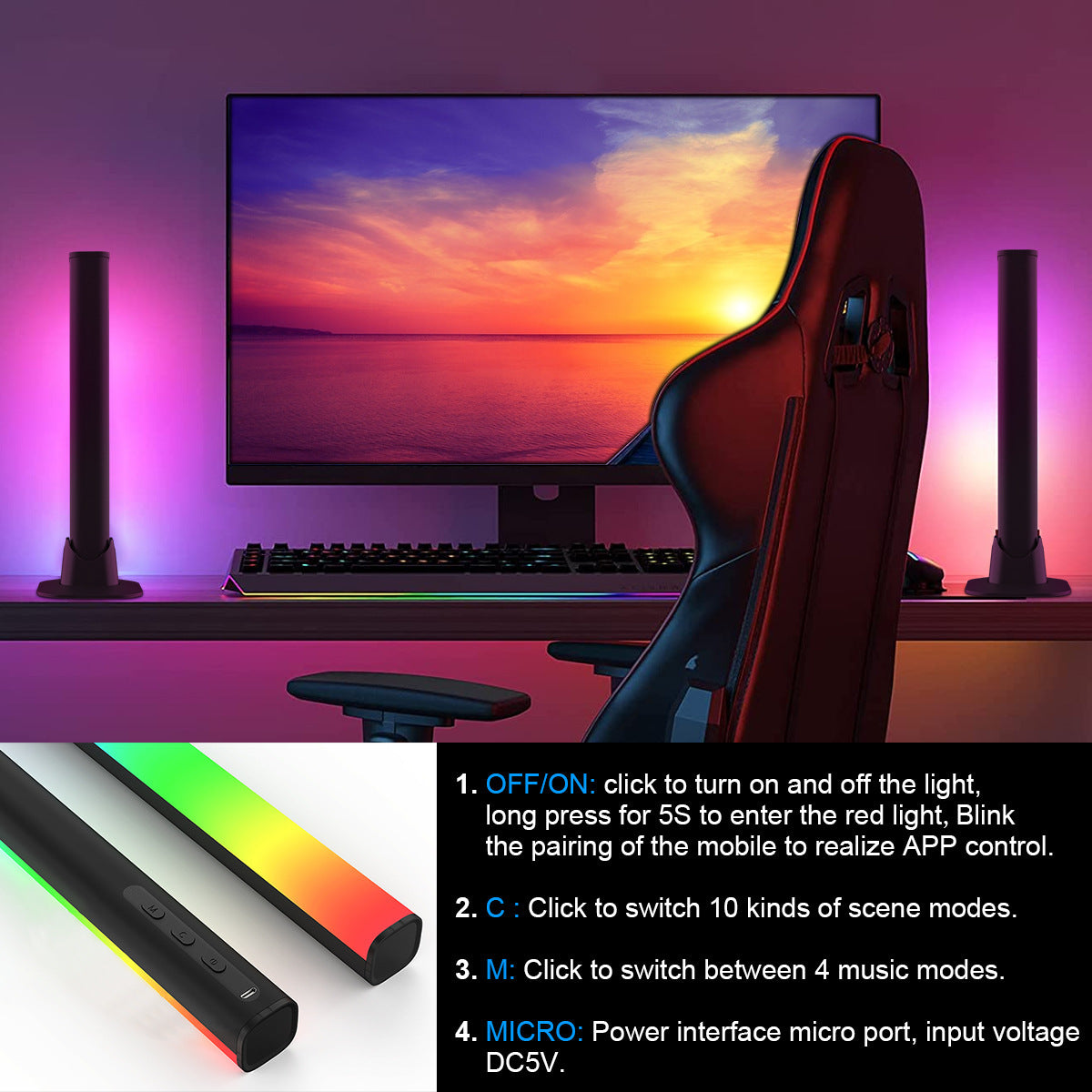 Barra de Luz LED RGB Ambiental para Setup